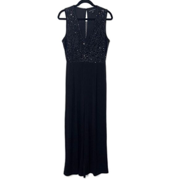 Boston Proper Sequin Deep V Sheer Panel Jumpsuit - Black 8 - Picture 1 of 8